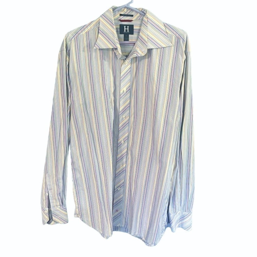TOMMY HILFIGER Mens L 100's 2 Ply Cotton Striped Button Up Dress Shirt